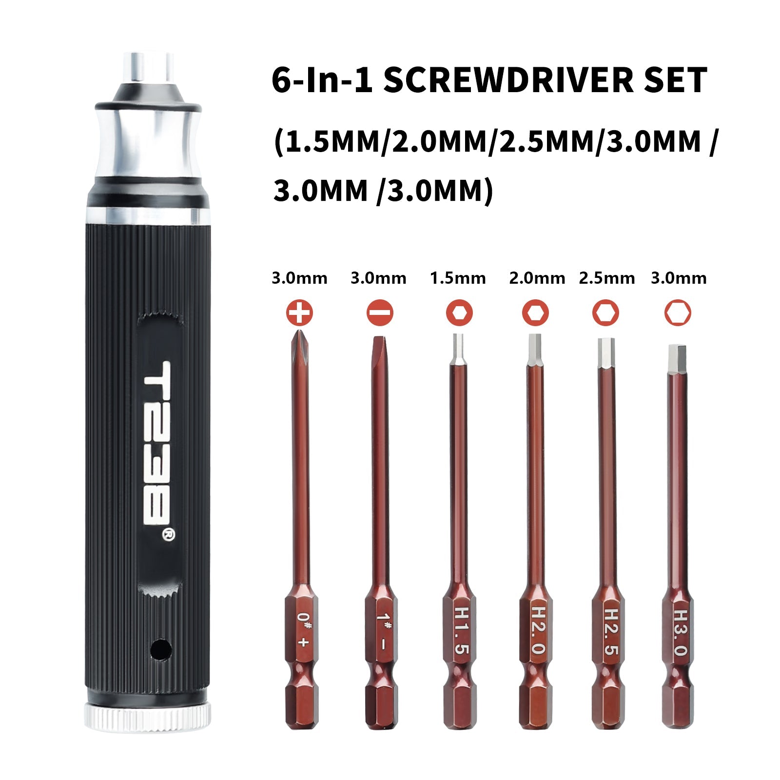 T238 6 - in - 1 Portable Screwdriver, Red SteelT238
